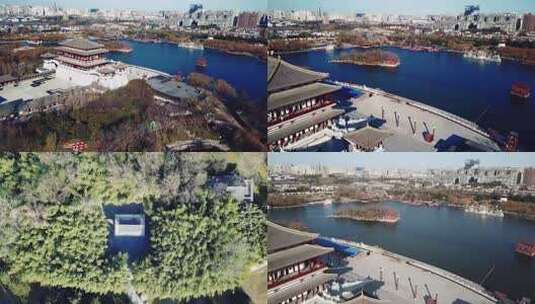 西安古建筑湖泊航拍全景高清在线视频素材下载