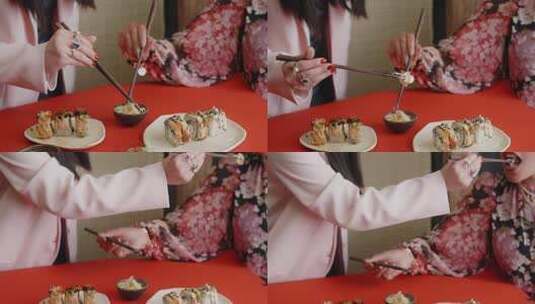 女性用筷子夹取寿司美食高清在线视频素材下载