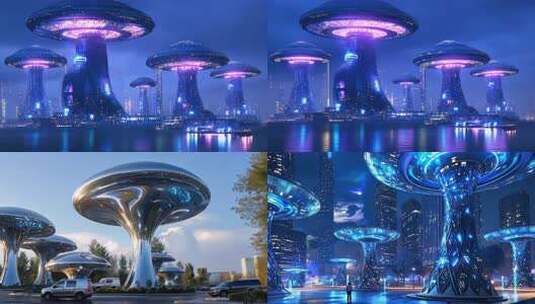 未来都市科幻建筑 巨型蘑菇城市景观夜景灯高清在线视频素材下载