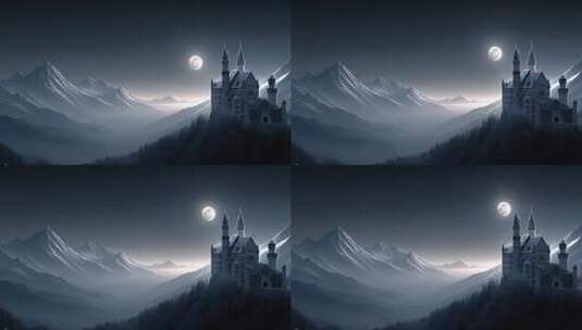 月光倾洒下的新天鹅堡静谧而神秘高清在线视频素材下载
