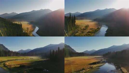 航拍森林河流高山山脉日出阳光唯美大自然高清在线视频素材下载