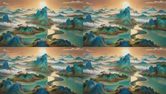 国风山水风景插画素材高清在线视频素材下载