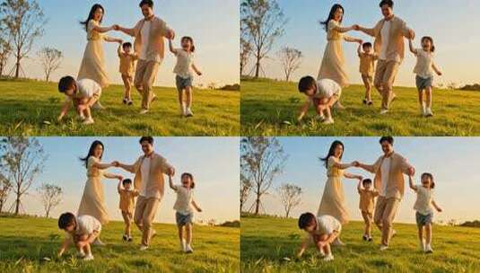 一家五口草地欢乐奔跑高清在线视频素材下载