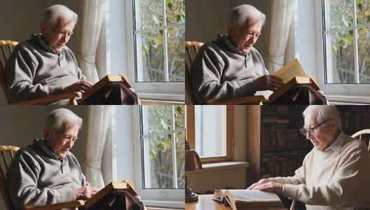 老人窗边阅读时光高清在线视频素材下载