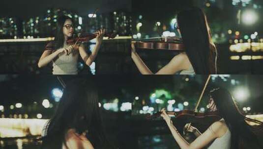 女子夜晚户外拉小提琴高清在线视频素材下载