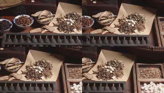 木桌木雕家具老中药房研究中药配方计量药方高清在线视频素材下载
