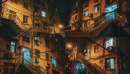 老旧居民楼夜晚景象高清在线视频素材下载
