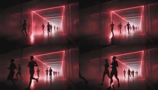 霓虹灯隧道中奔跑的人群剪影高清在线视频素材下载