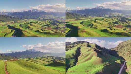 起起伏伏草原雪山自然风光全景高清在线视频素材下载