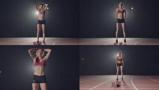 夜晚跑道上的女性运动员高清在线视频素材下载