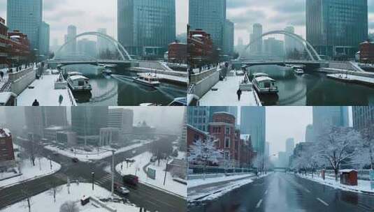 天津城市雪景中街道交通景象高清在线视频素材下载
