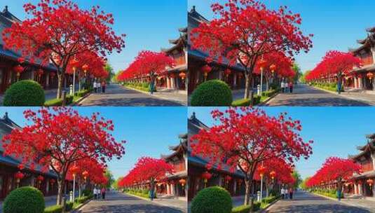 古街道盛开的红色繁花景象高清在线视频素材下载