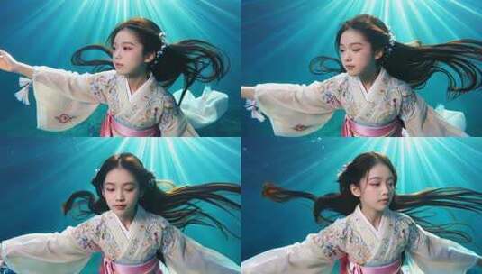 水下身着汉服的女子飘逸舞动高清在线视频素材下载