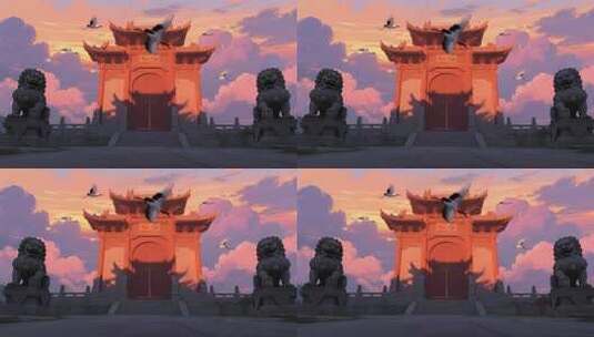 古风古建筑与飞鹤场景素材高清在线视频素材下载