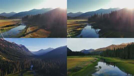航拍森林河流高山山脉日出阳光唯美大自然高清在线视频素材下载