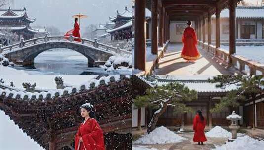 红袍女子雪景古风 雪中汉服美人意境高清在线视频素材下载