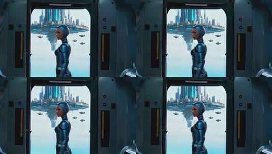 机器人眺望未来科幻城市景观高清在线视频素材下载