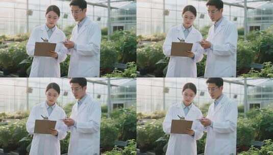 温室科研人员查看记录数据高清在线视频素材下载