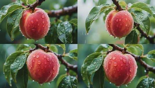 树枝上带水珠的新鲜桃子高清在线视频素材下载