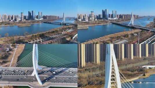 航拍太原汾河祥云桥冬天高清在线视频素材下载