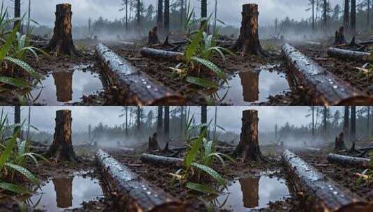 雨后森林砍伐后的树桩景象高清在线视频素材下载
