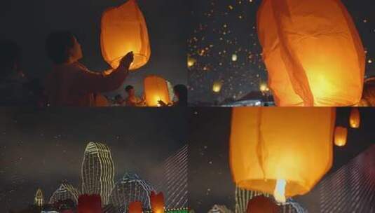 放飞孔明灯夜景素材高清在线视频素材下载