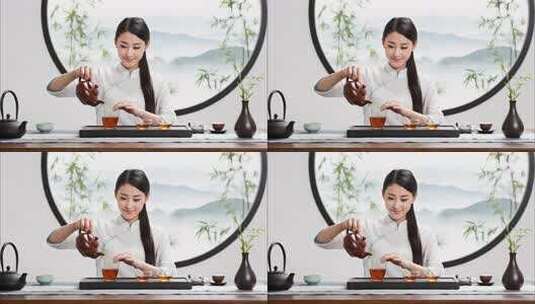 美女中式茶艺泡茶场景/茶道表演/沏茶高清在线视频素材下载
