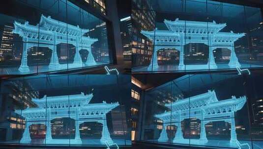 玻璃幕墙显示古风建筑光影效果高清在线视频素材下载