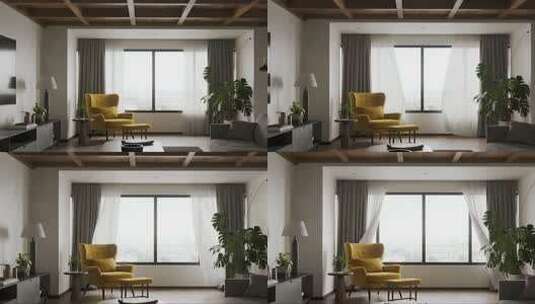 现代简约客厅窗帘飘动温馨家居场景高清在线视频素材下载