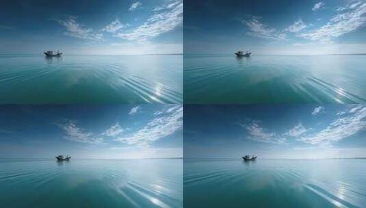海天一色渔船行驶于平静海面高清在线视频素材下载