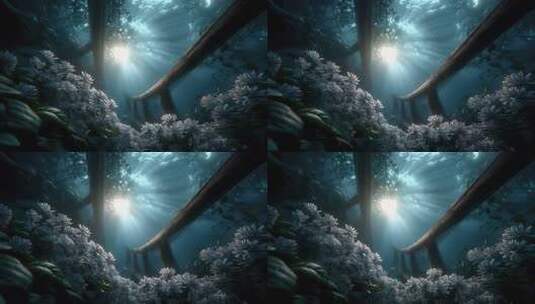 幽静森林阳光穿透花丛唯美意境高清在线视频素材下载