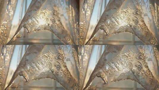 室内透光花纹窗帘特写高清在线视频素材下载