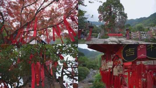 挂满红绸带的许愿树 祈福红丝带许愿场景高清在线视频素材下载