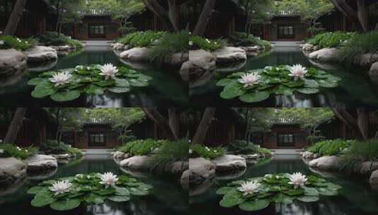 唐风庭院荷塘月色静谧美好高清在线视频素材下载