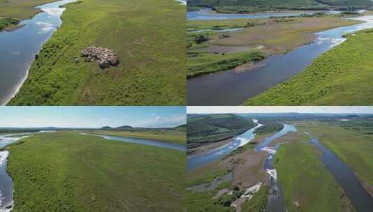 草地河流羊群吃草自然风光航拍高清在线视频素材下载