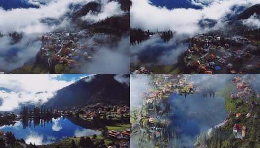 云雾环绕的山间村落景观高清在线视频素材下载