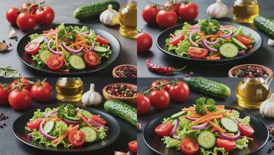 黑色盘装新鲜蔬菜沙拉高清在线视频素材下载