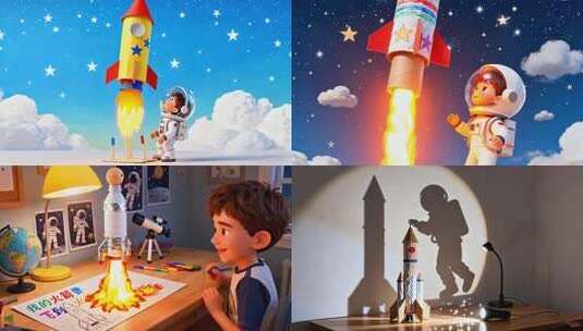 男孩的童年宇航员梦想 手工制作火箭模型高清在线视频素材下载