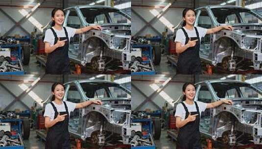 车间女工人与汽车车架素材高清在线视频素材下载