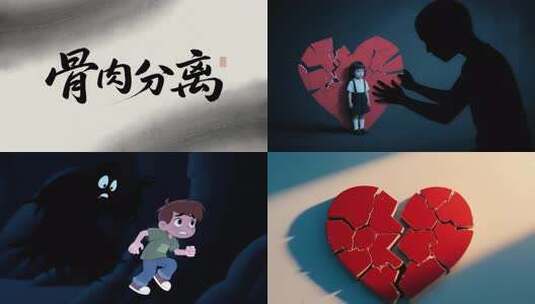 小女孩与破碎红心剪影画面高清在线视频素材下载