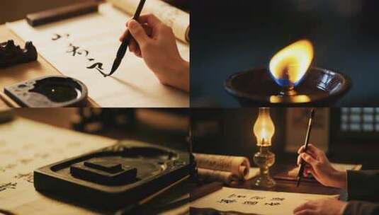 传统水墨书法与温暖环境高清在线视频素材下载