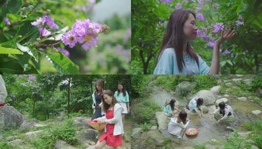 女孩山林中手持果篮采摘水果高清在线视频素材下载