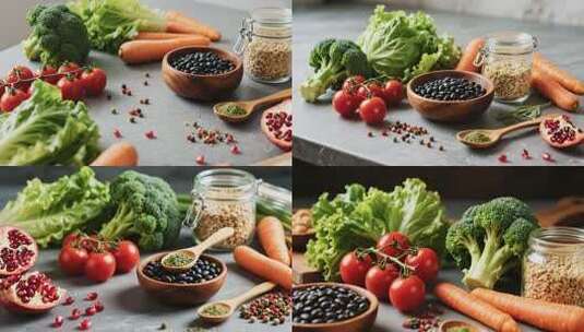 多种新鲜蔬菜和食材特写高清在线视频素材下载