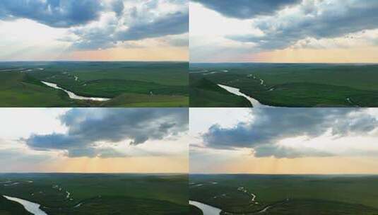 延时航拍草原湿地河湾云景高清在线视频素材下载