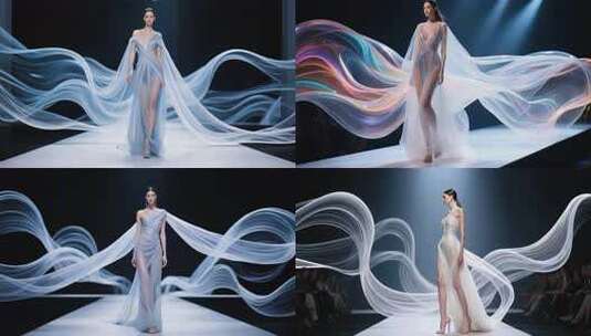 模特舞台走秀飘逸纱裙高清在线视频素材下载