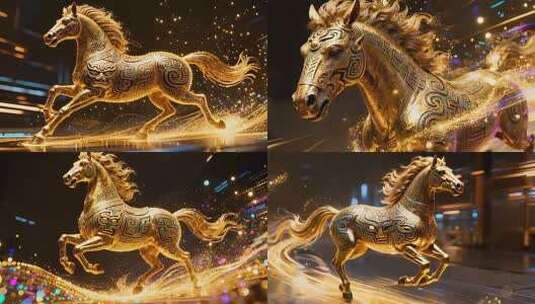 2026马年新春金色骏马奔跑金马粒子开场高清在线视频素材下载