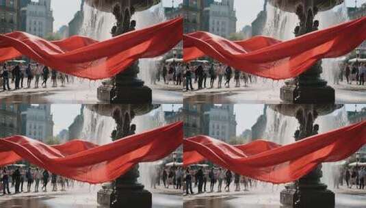 城市喷泉旁飘动的红绸高清在线视频素材下载