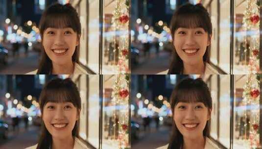 夜晚街头微笑的年轻女性高清在线视频素材下载