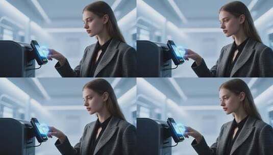 女性使用手机进行指纹支付高清在线视频素材下载