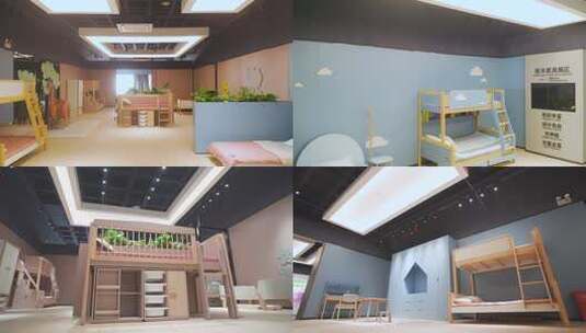 高档板木家具多巴胺色儿童家具展厅高清在线视频素材下载